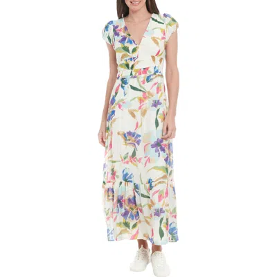 London Times Floral Cap Sleeve Empire Waist Chiffon Maxi Dress In White/pink/purple