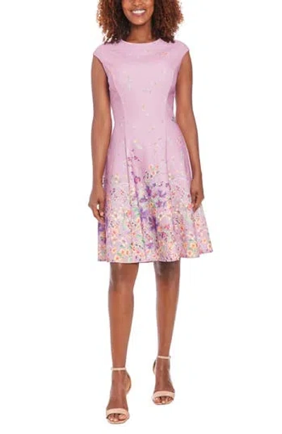 London Times Floral Cap Sleeve Fit & Flare Dress In Purple/yellow