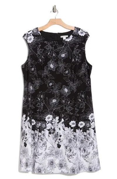 London Times Floral Cap Sleeve Scuba Crepe Dress In Black/ivory