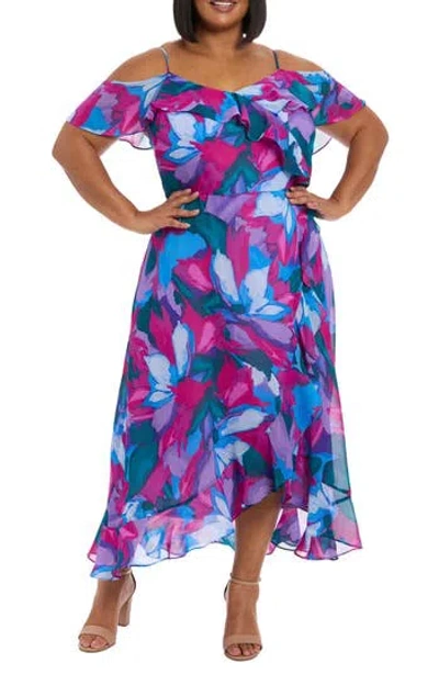 London Times Floral Cold Shoulder Chiffon Maxi Dress