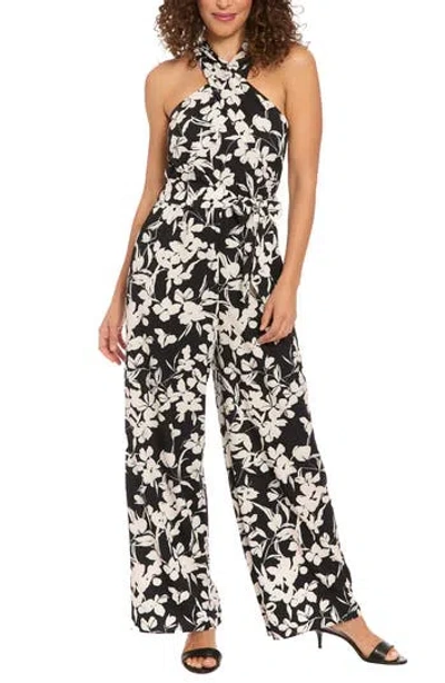 London Times Floral Crossover Halter Neck Jumpsuit In Black White