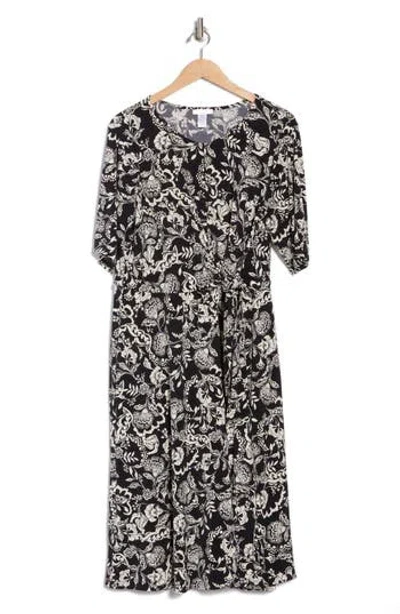 London Times Floral Elbow Sleeve Side Tie Fit & Flare Midi Dress