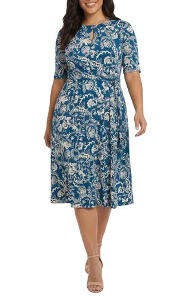 London Times Floral Elbow Sleeve Side Tie Fit & Flare Midi Dress In Blue