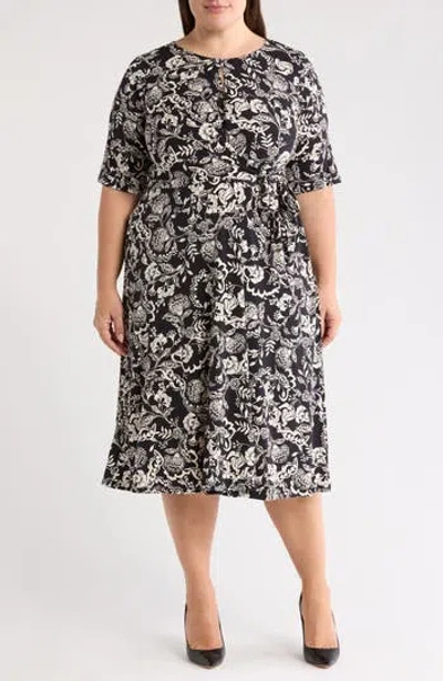 London Times Floral Elbow Sleeve Side Tie Fit & Flare Midi Dress In Multi