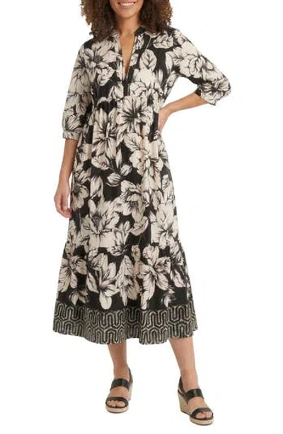 London Times Plus Size Collared Placement Print Dress In Black
