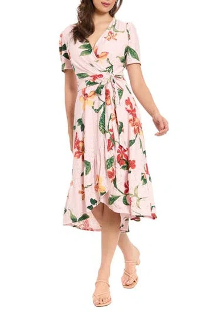 London Times Floral Eyelet Short Sleeve Faux Wrap Dress In Pink