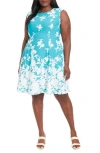 London Times Floral Fit & Flare Dress In Turquoise/ivory