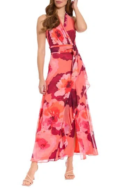 London Times Floral Halter Maxi Dress In Red