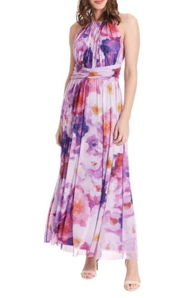 London Times Floral Halter Neck Ruched Waist Maxi Dress