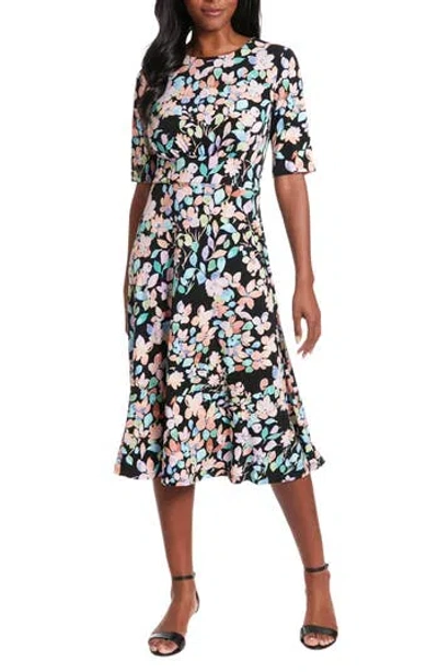 London Times Floral Inset Waist Fit & Flare Midi Dress In Multi