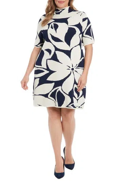 London Times Floral Jacquard Short Sleeve Sweater Dress In Navy/ivory