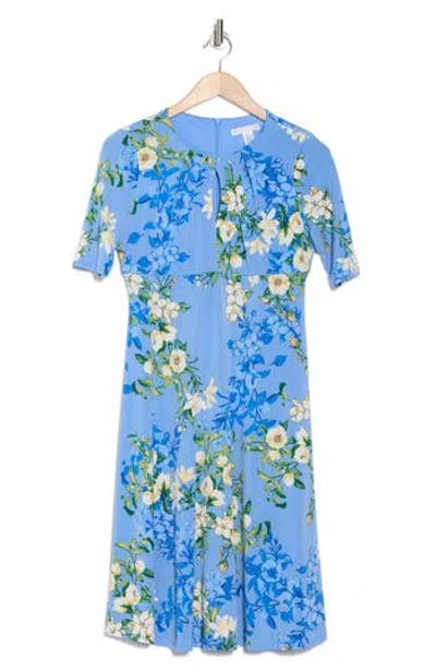 London Times Floral Keyhole Short Sleeve Midi Dress In Blue