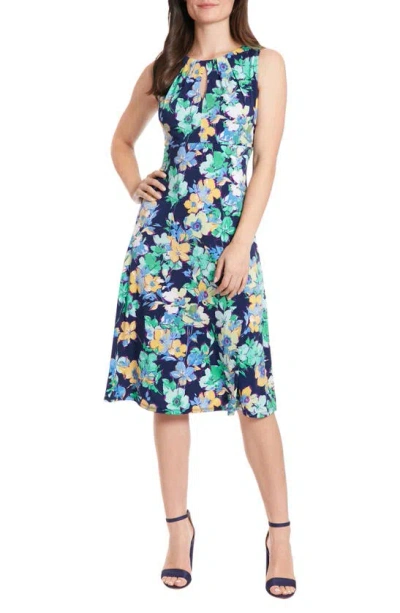 London Times Floral Keyhole Sleeveless Fit & Flare Midi Dress In Navy/teal