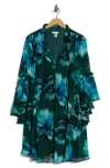 London Times Floral Long Sleeve A-line Dress In Blue