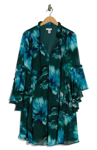 London Times Floral Long Sleeve A-line Dress In Blue