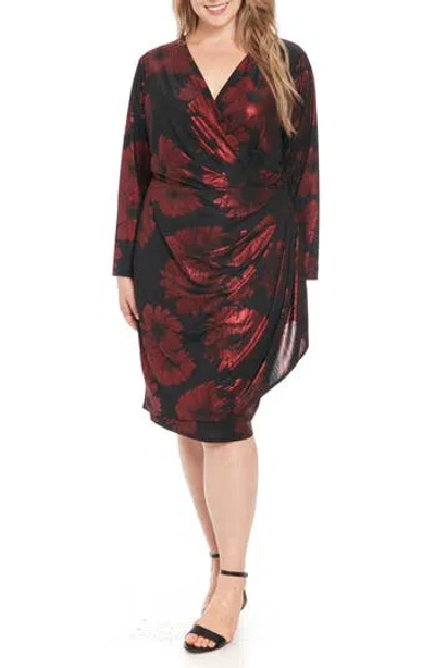 London Times Plus Size Foil-flower Faux-wrap Sheath Dress In Multi
