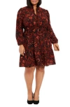 London Times Plus Size Long-sleeve Printed Chiffon Dress In Black/spice