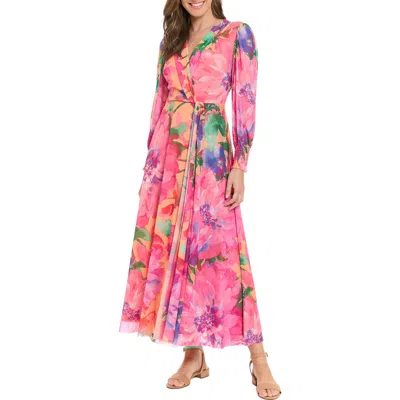 London Times Floral Long Sleeve Mesh Faux Wrap Maxi Dress In Multi