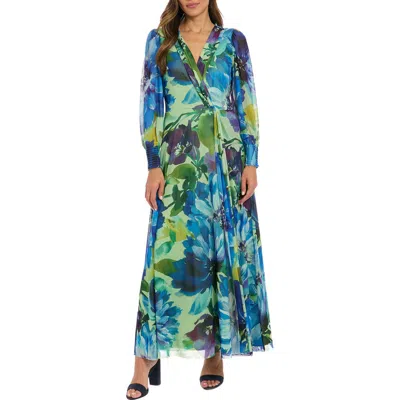 London Times Floral Long Sleeve Mesh Faux Wrap Maxi Dress In Sage/blue