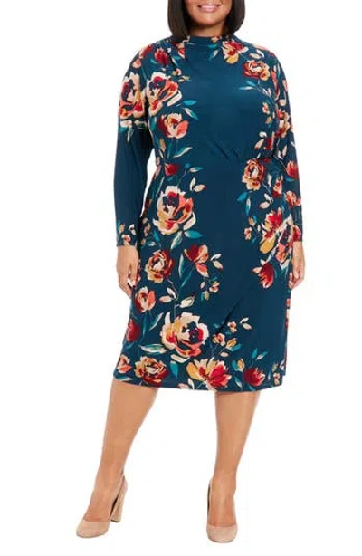 London Times Floral Long Sleeve Midi Dress In Teal Multi