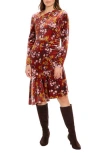 London Times Floral Long Sleeve Ruched Asymmetric Velour Dress In Red Multi