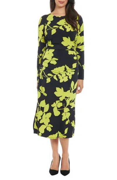 London Times Floral Long Sleeve Side Ruched Jersey Midi Dress In Black/lime Green