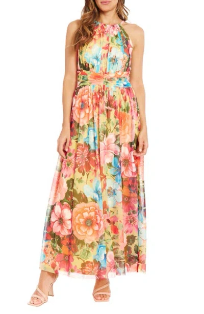 London Times Floral Mesh Maxi Dress In Yellow Multi