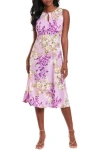 London Times Floral Pleated Neck Midi Dress In Lilac/purple