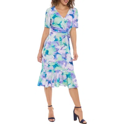 London Times Floral Print Flounce Hem Dress In Lavender/blue