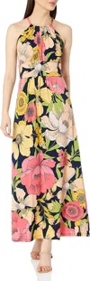 London Times Floral Print Halter Maxi Dress In Navy Pink In Multi