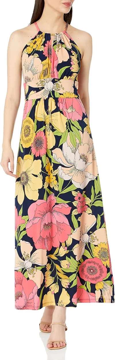 London Times Floral Print Halter Maxi Dress In Navy Pink In Multi