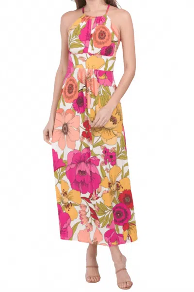 London Times Floral Print Halter Maxi Dress In White Red In Multi