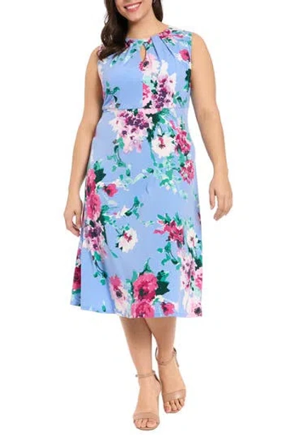 London Times Plus Size Sleeveless Keyhole Neck A-line Midi Dress In Blue
