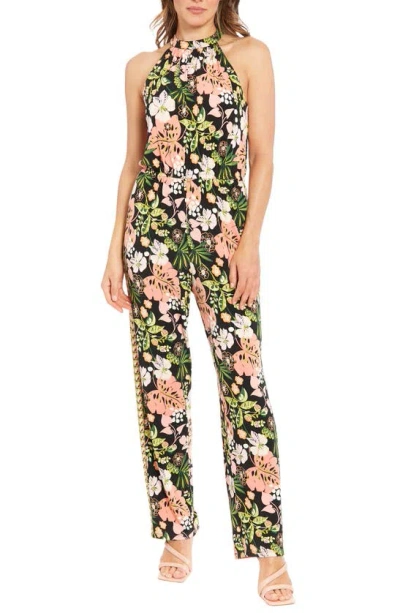 London Times Floral Print Mock Neck Sleeveless Jumpsuit In Green