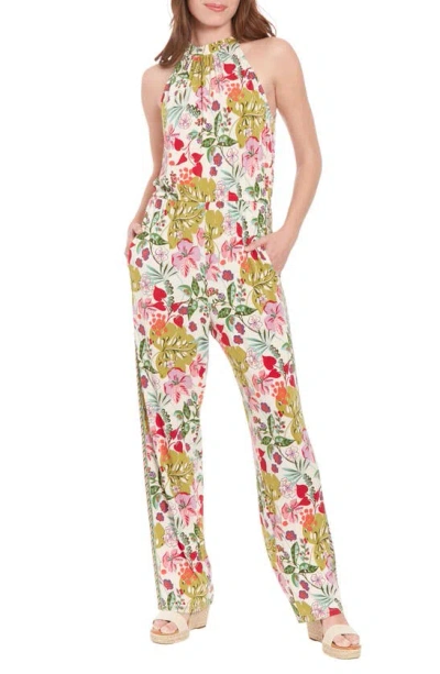 London Times Floral Print Mock Neck Sleeveless Jumpsuit In Ivory/ Multi