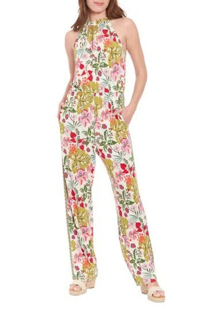 London Times Floral Print Mock Neck Sleeveless Jumpsuit In Ivory/multi