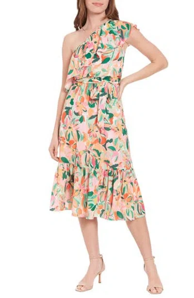 London Times Floral Print Ruffle Tie Waist One-shoulder Midi Dress In Pink Multi
