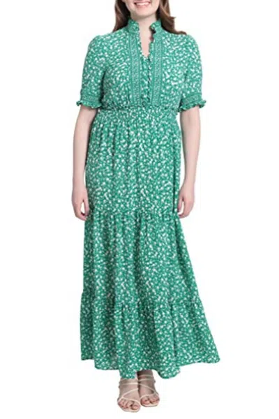 London Times Floral Print Short Sleeve Ruffle Maxi Dress In Green White