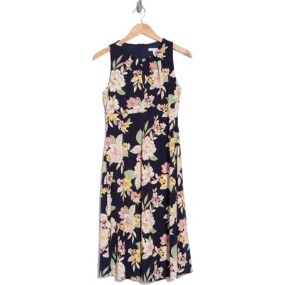 London Times Floral Print Sleeveless Dress In Navy Ivory