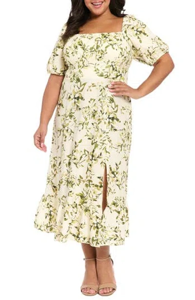 London Times Floral Puff Sleeve Empire Waist Linen Blend Dress In Multi