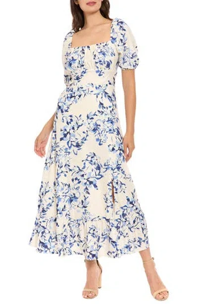 London Times Floral Puff Sleeve Empire Waist Midi Dress In Blue