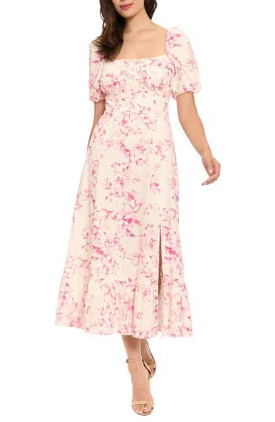 London Times Floral Puff Sleeve Linen Blend Midi Dress In Multi