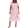 London Times Plus Size Printed Puff-sleeve Maxi Dress In Ivory/pink