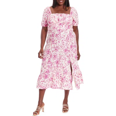 London Times Plus Size Printed Puff-sleeve Maxi Dress In Ivory,pink