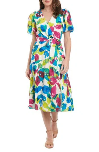 London Times Floral Puff Sleeve Midi Dress In Multi