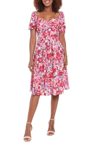 London Times Floral Puff Sleeve Twist Front Midi Dress In Wht,fuchsa