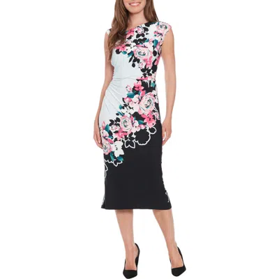 London Times Floral Ruched Cap Sleeve Midi Dress In Black/pink