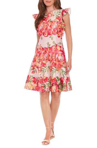 London Times Floral Ruffle Cap Sleeve Fit & Flare Dress In Coral/coral