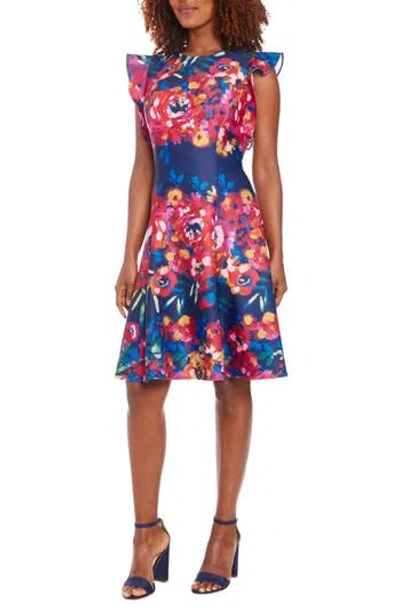 London Times Floral Ruffle Cap Sleeve Fit & Flare Dress In Navy/berry