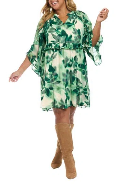 London Times Floral Ruffle Chiffon A-line Dress In Green